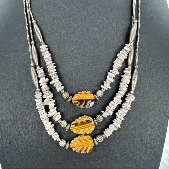 Natural Carved Tigers Eye Necklace Three Strands 925 Sterling Silver Clasp Boho - Picture 11 of 11